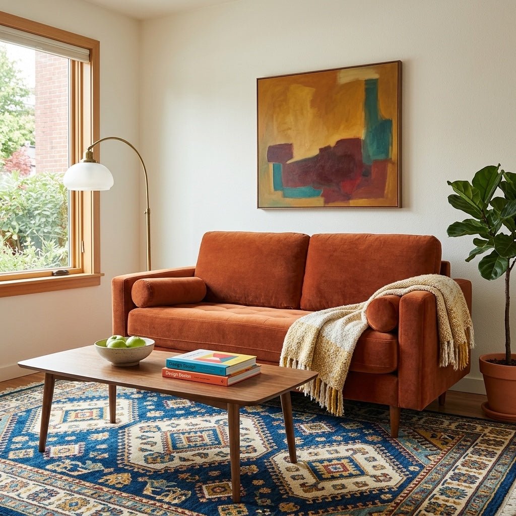 Nirvana Apartment Sofa in Marquis Rust configuration shot - apartment-scale velvet sofa by Stanton - Whats New Furniture Portland OR