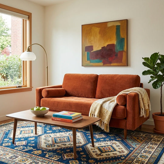 Nirvana Apartment Sofa in Marquis Rust configuration shot - apartment-scale velvet sofa by Stanton - Whats New Furniture Portland OR