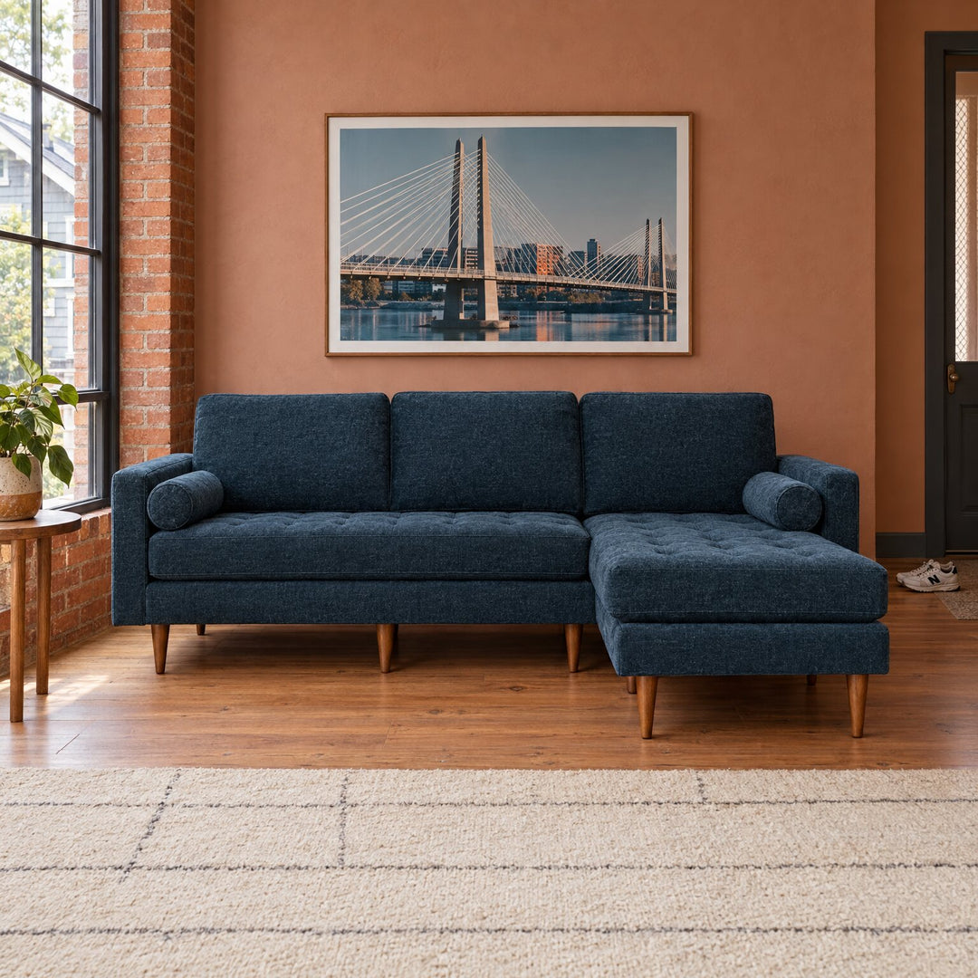 Nirvana Sofa Chaise in Lush Marine in a styled Eastside Portland loft living room - Whats New Furniture Portland OR