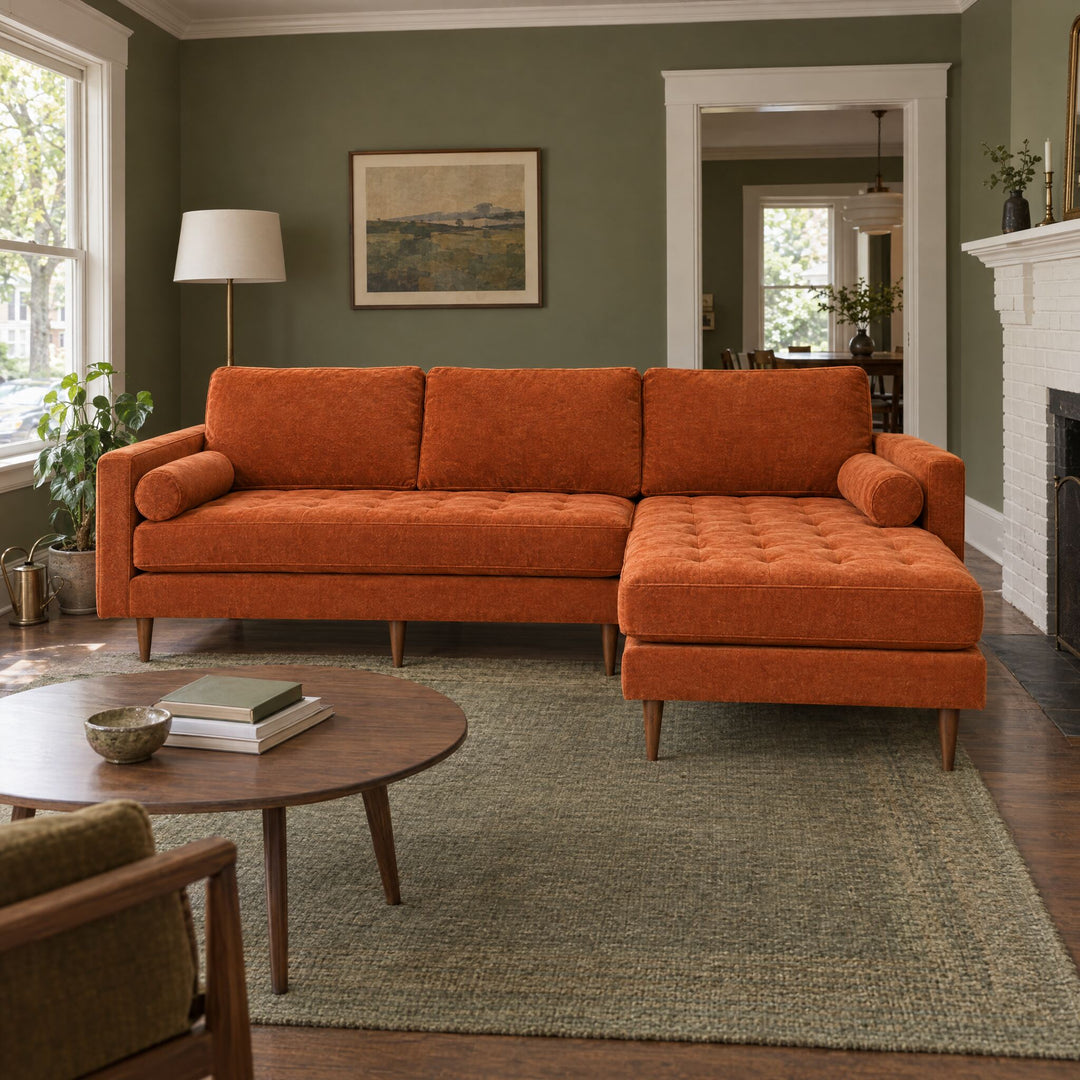 Nirvana Sofa Chaise in Lush Papaya styled in a Portland home - Whats New Furniture Portland OR