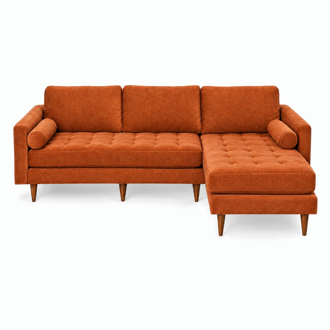 Nirvana Sofa Chaise in Lush Papaya chenille, front view, tufted seat - Whats New Furniture Portland OR
