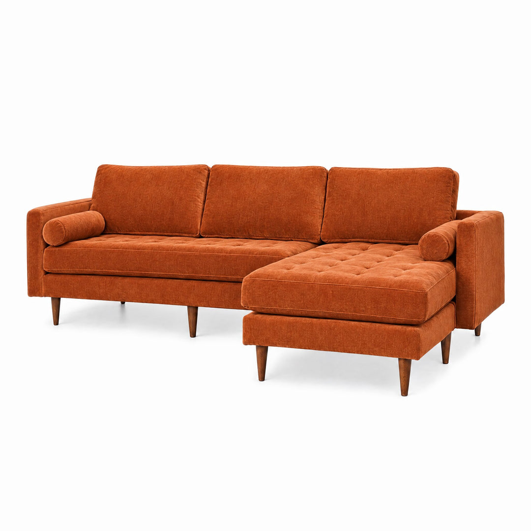Nirvana Sofa Chaise in Lush Papaya chenille, three-quarter view, tufted seat - Whats New Furniture Portland OR