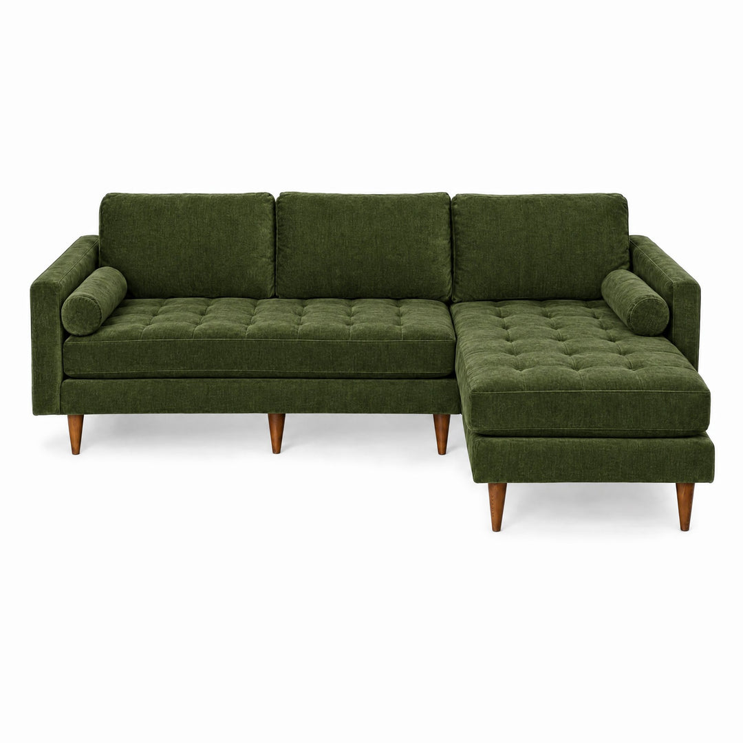Nirvana Sofa Chaise in Lush Spinach chenille, front view, tufted seat - Whats New Furniture Portland OR
