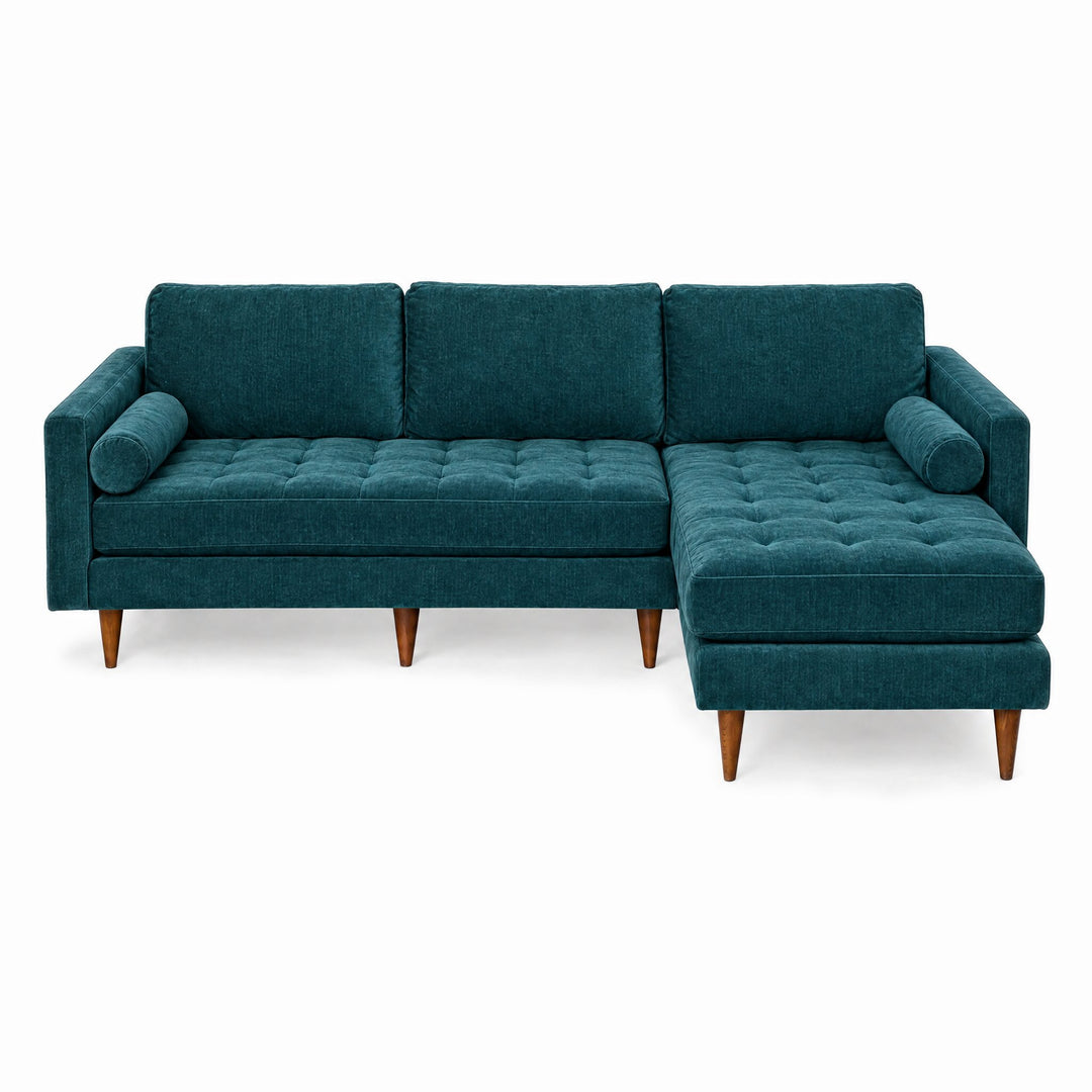 Nirvana Sofa Chaise in Lush Turquoise chenille, front view, tufted seat - Whats New Furniture Portland OR