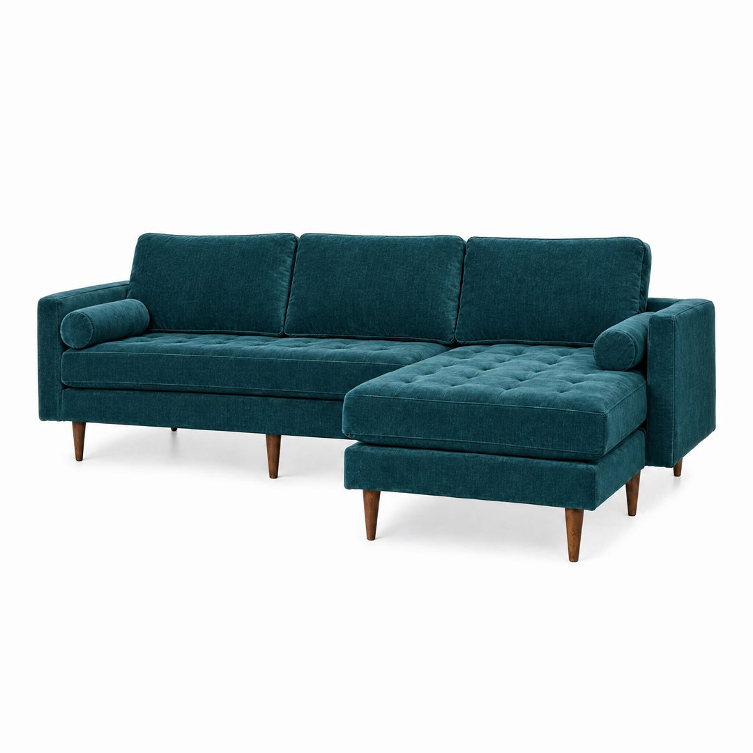 Nirvana Sofa Chaise in Lush Turquoise chenille, three-quarter view, tufted seat - Whats New Furniture Portland OR