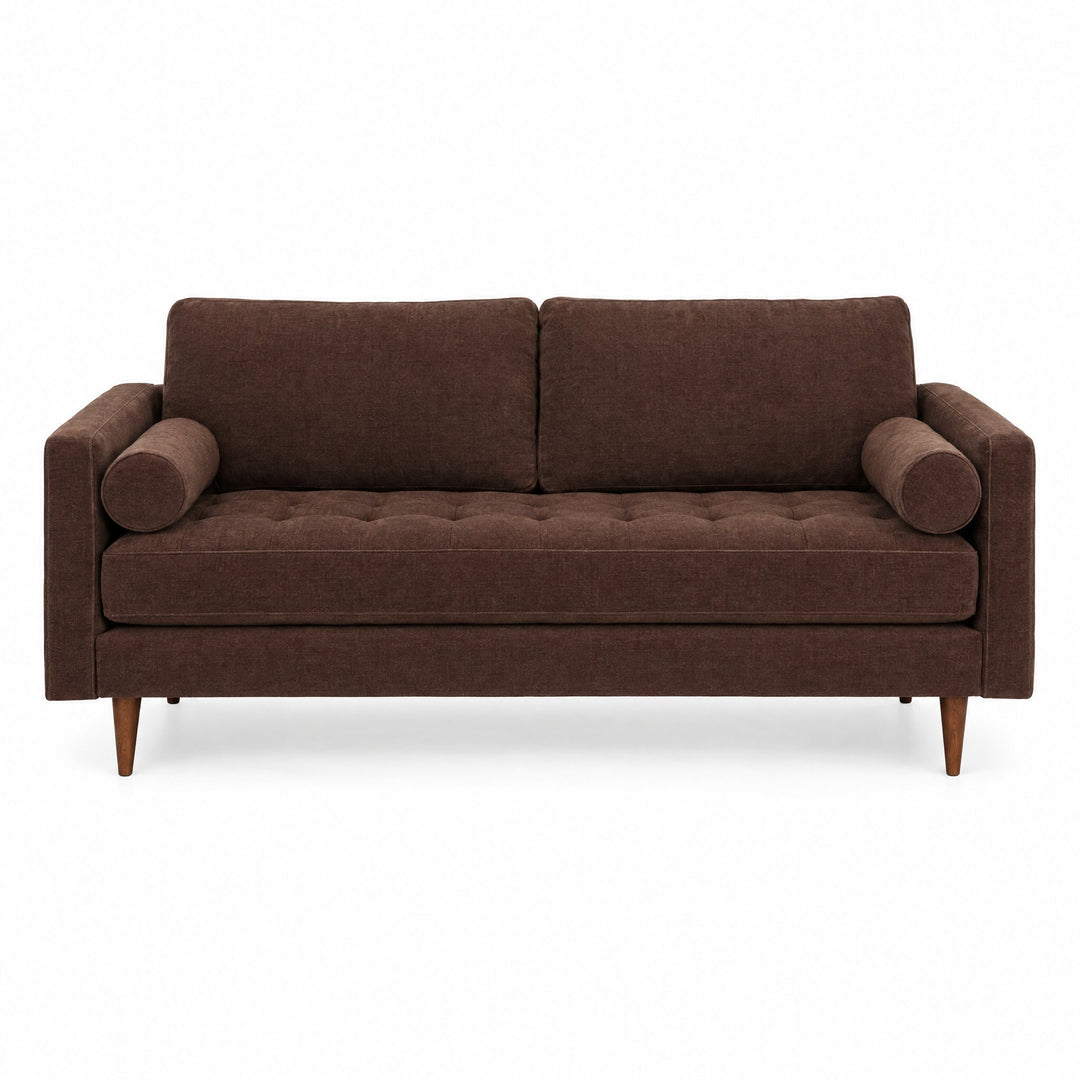 Nirvana Sofa in Rowana Currant fabric, front view, tufted seat - Whats New Furniture Portland OR