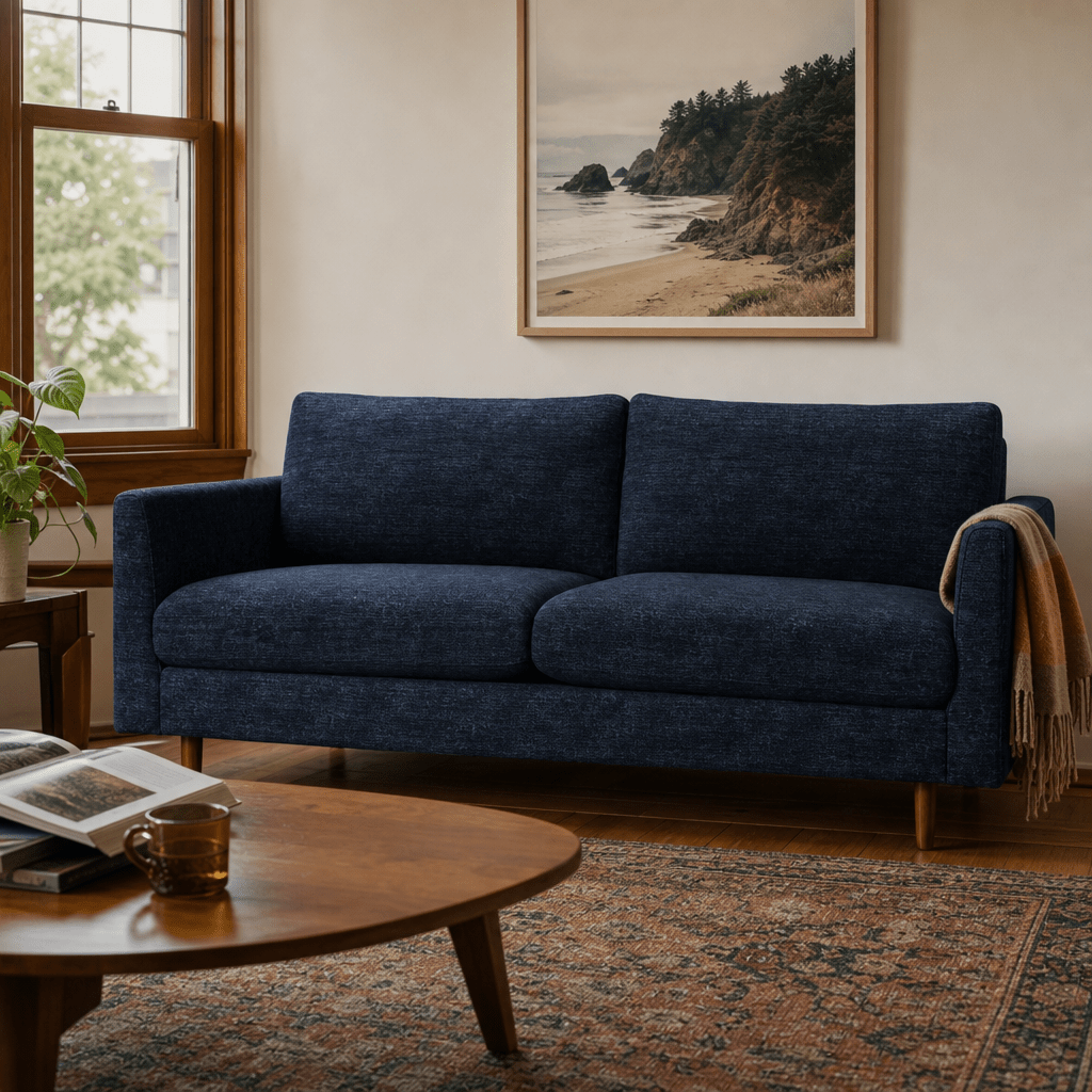 Oasis Loft Sofa in Lush Marine styled in a Portland home - Whats New Furniture
