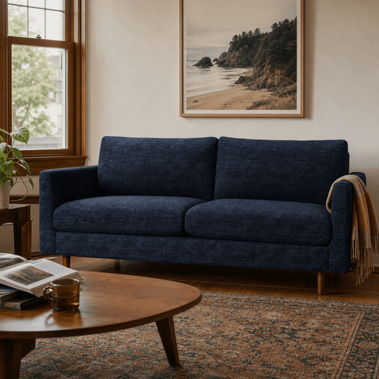 Oasis Loft Sofa in Lush Marine styled in a Portland home - Whats New Furniture