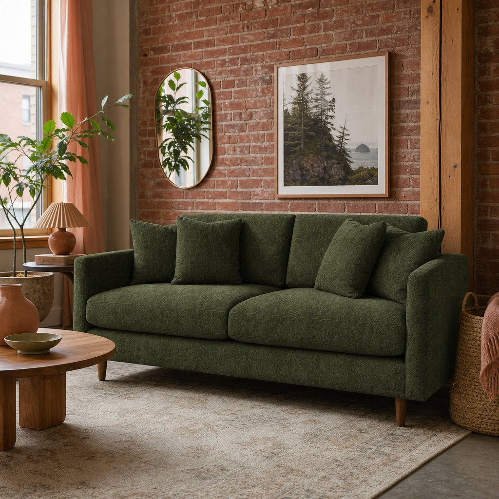 Oasis Loft Sofa in Lush Spinach lifestyle setting - custom sofa by Stanton - Whats New Furniture Portland OR