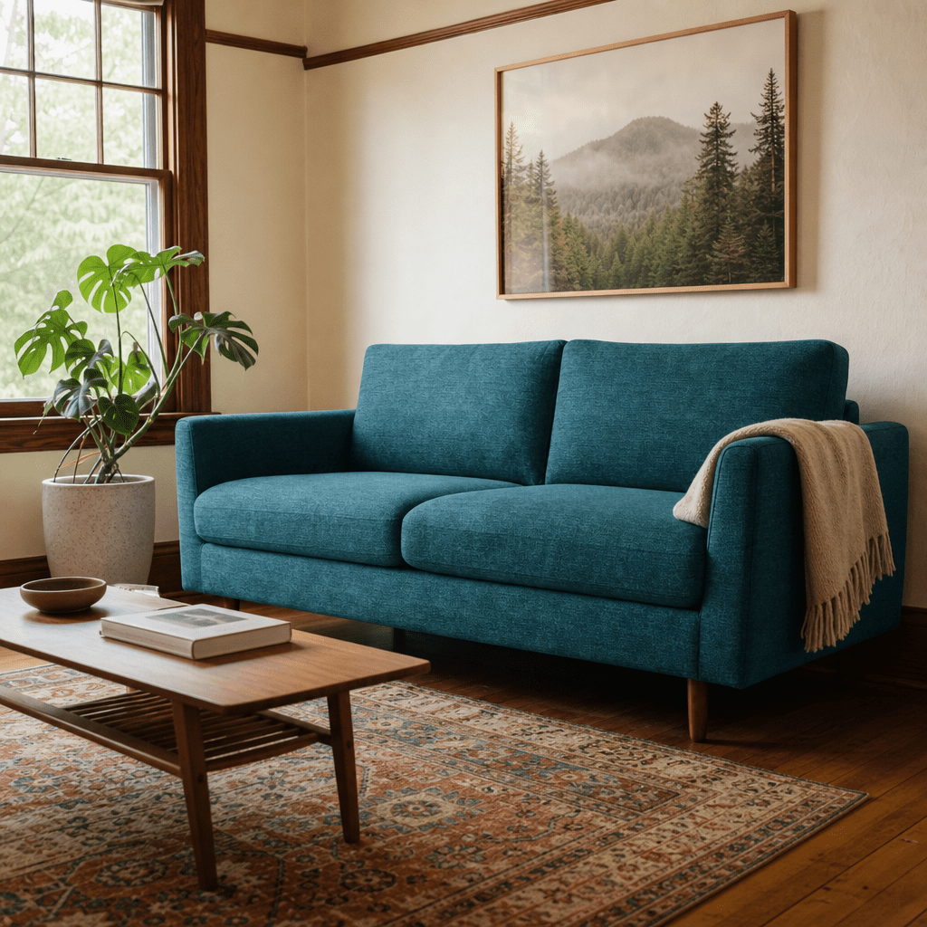 Oasis Loft Sofa in Sensation Turquoise styled in a Portland home - Whats New Furniture