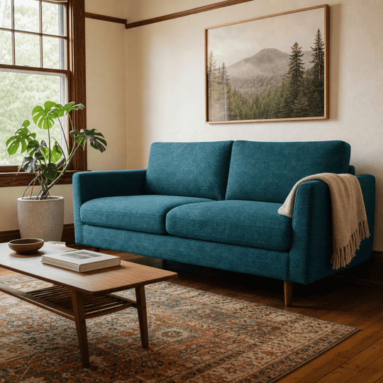 Oasis Loft Sofa in Sensation Turquoise styled in a Portland home - Whats New Furniture