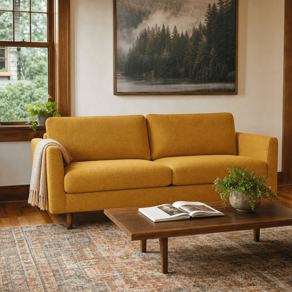 Oasis Loft Sofa in Vintage Saffron styled in a Portland home - Whats New Furniture