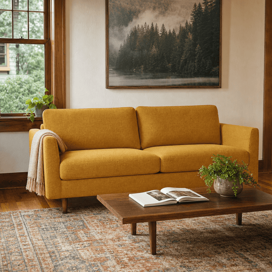 Oasis Loft Sofa in Vintage Saffron styled in a Portland home - Whats New Furniture