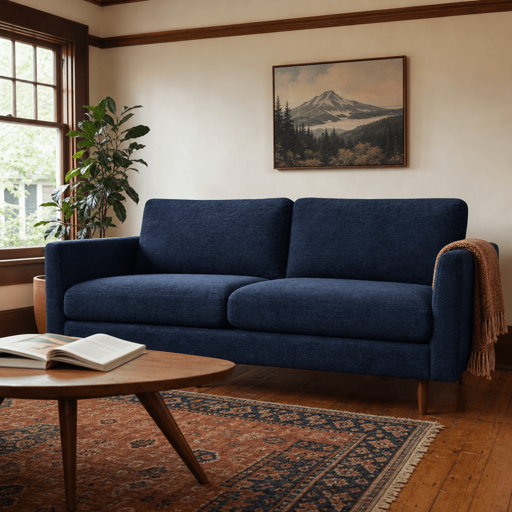 Oasis Loft Sofa in Vintage Sapphire styled in a Portland home - Whats New Furniture