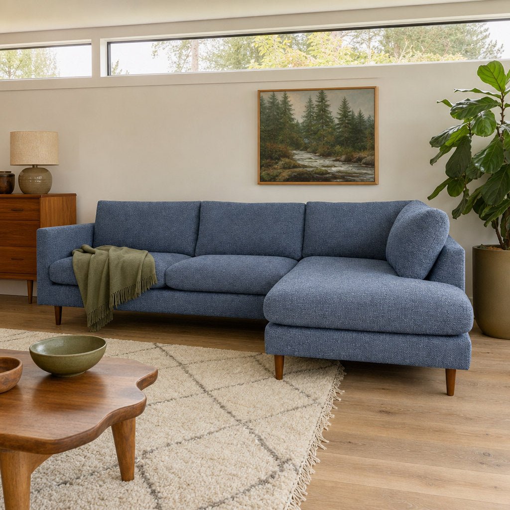Oasis Open Chaise Sectional in Mecca Navy lifestyle setting - custom sectional by Stanton - Whats New Furniture Portland OR