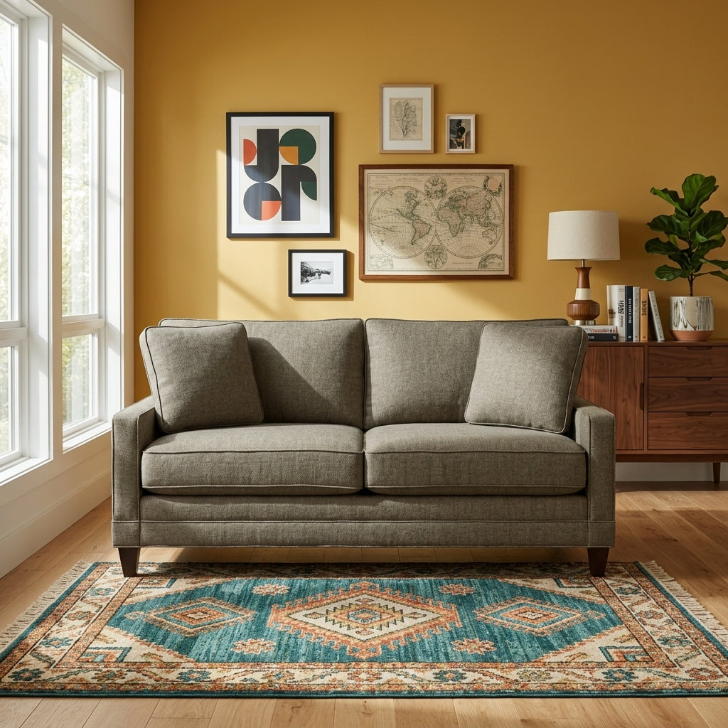 Pinnacle Loft Sofa in Sensation Mineral lifestyle setting - loft-scale custom fabric sofa by Stanton - Whats New Furniture Portland OR