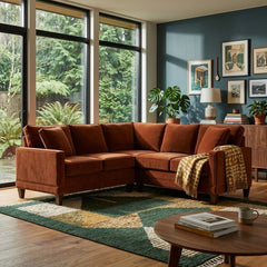 Pinnacle Sectional in Marquis Rust by large windows with a patterned rug in a Portland living room - Whats New Furniture