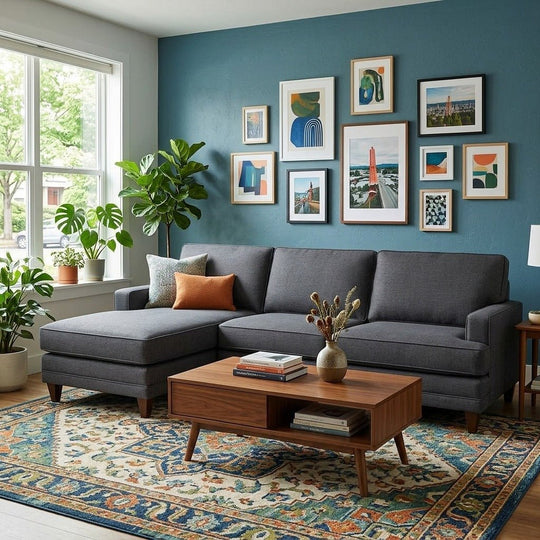 Pinnacle Sofa Chaise in Bennett Charcoal detail view - sofa chaise by Stanton - Whats New Furniture Portland OR
