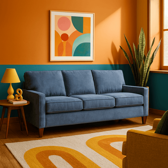 Pinnacle Sofa in Sensation Slate lifestyle setting - mid-century sofa by Stanton - Whats New Furniture Portland OR