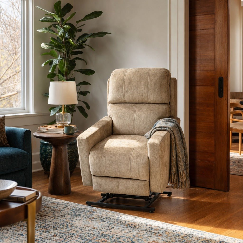 Quimby Power Lift Recliner in Polo Club Bamboo styled in a Portland Alberta Arts foursquare living room — What&
