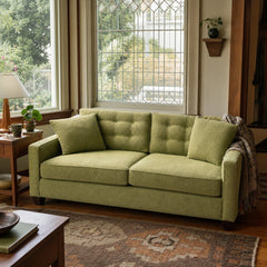 Ross Sofa in Nomad Lime styled in a Portland Craftsman living room with leaded glass - Whats New Furniture