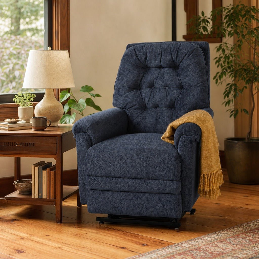 Savier Power Lift Recliner in Domain Eclipse styled in a Portland Hawthorne Craftsman living room — What&