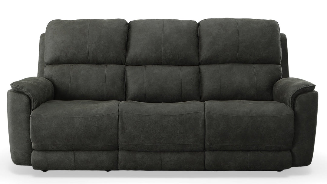 Steens reclining sofa front view — Oregon-made custom fabric sofa