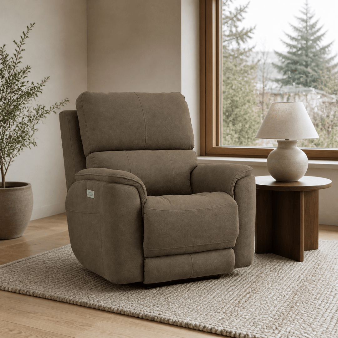 Steens Power Recliner Chair in Weekend Walks Mocha styled in a Portland living room - Whats New Furniture