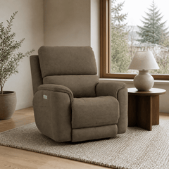 Steens Power Recliner Chair in Weekend Walks Mocha styled in a Portland living room - Whats New Furniture