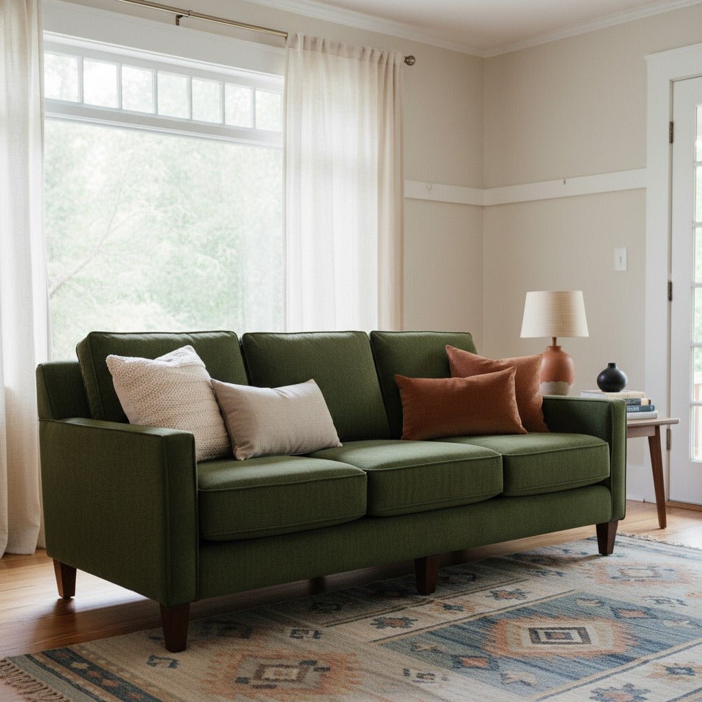 Summit Custom Sofa in Vintage Moss styled in a bright Portland craftsman living room - Whats New Furniture
