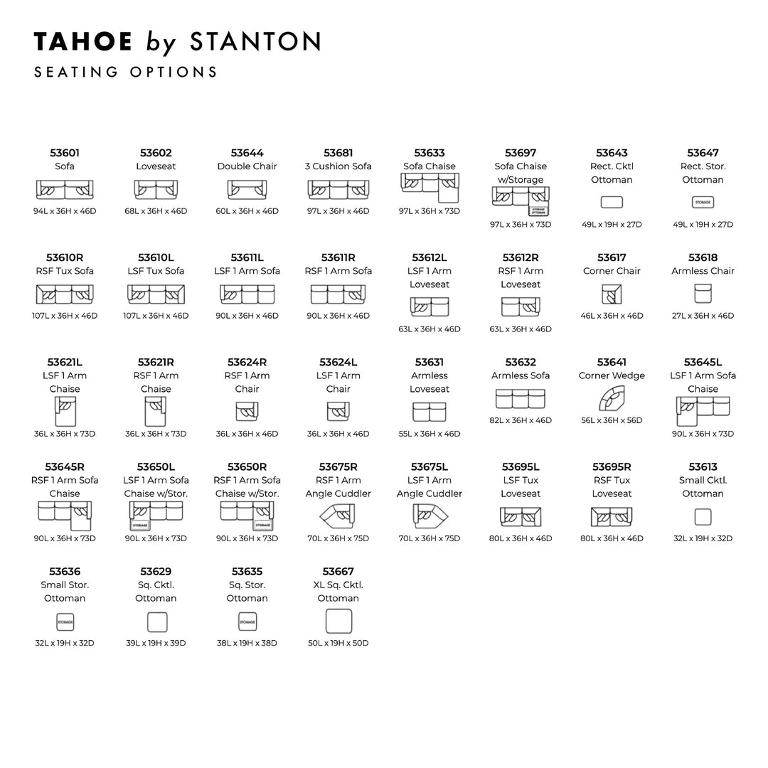 Tahoe Custom Sofa / Sectional dimension view - custom sofa sectional by Stanton - Whats New Furniture Portland OR