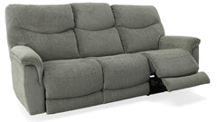 Tillamook reclining sofa shown fully reclined with extended footrest