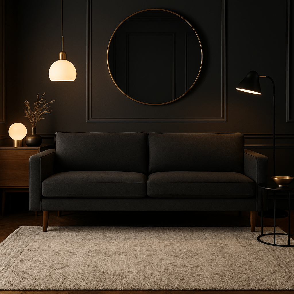 Stanton Timber Sofa in Lux Midnight heathered charcoal-navy tweed cushion detail - Oregon-made mid-century modern sofa - Whats New Furniture Portland OR