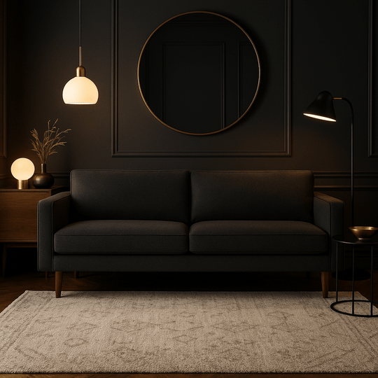 Stanton Timber Sofa in Lux Midnight heathered charcoal-navy tweed cushion detail - Oregon-made mid-century modern sofa - Whats New Furniture Portland OR