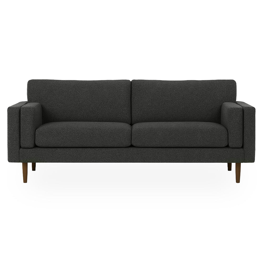 Timber Sofa by Stanton in Lux Midnight with walnut tapered legs, front view - Whats New Furniture Portland OR
