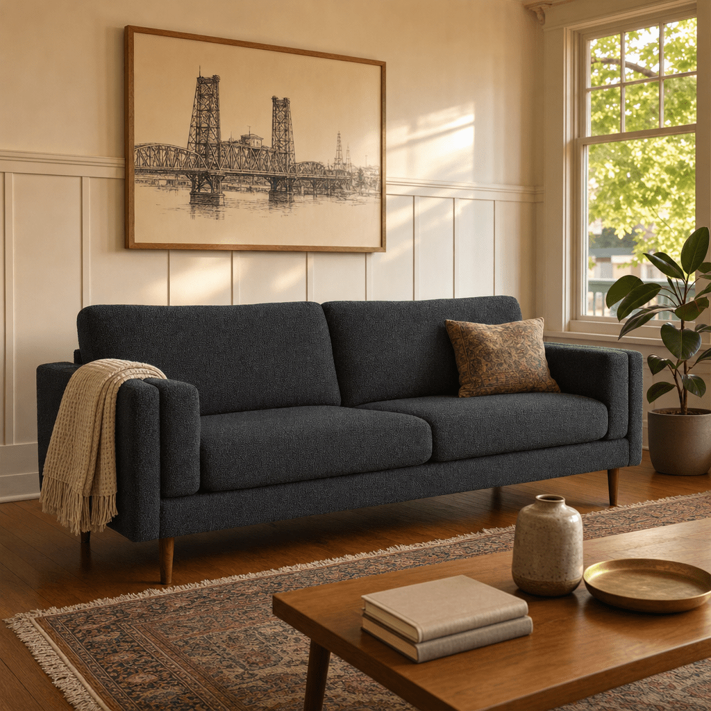 Stanton Timber Sofa in Lux Midnight tweed styled in a SE Portland Craftsman bungalow living room - Whats New Furniture
