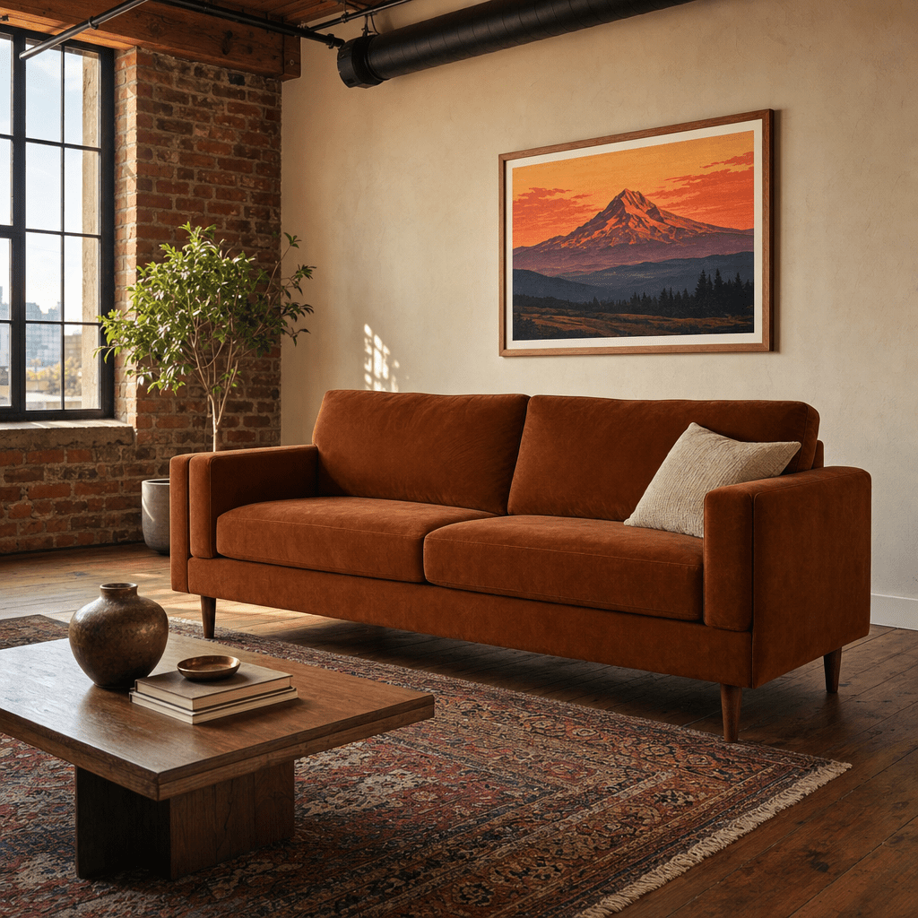 Stanton Timber Sofa in Marquis Rust velvet styled in a Pearl District Portland loft with brick wall and Mt Hood print - Whats New Furniture