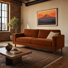 Stanton Timber Sofa in Marquis Rust velvet styled in a Pearl District Portland loft with brick wall and Mt Hood print - Whats New Furniture