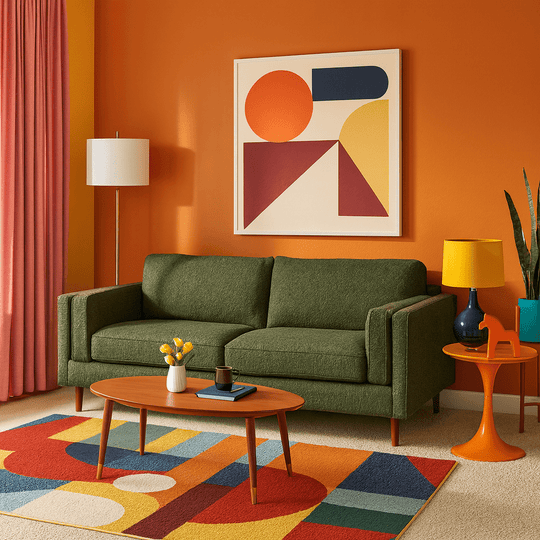 Stanton Timber Sofa in Rio Spinach forest-green tweed cushion detail - Oregon-made mid-century modern sofa - Whats New Furniture Portland OR