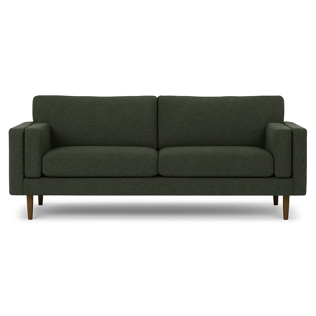 Stanton Timber Sofa in Rio Spinach forest-green tweed front view - Oregon-made mid-century modern sofa - Whats New Furniture Portland OR