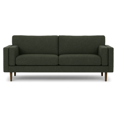 Stanton Timber Sofa in Rio Spinach forest-green tweed front view - Oregon-made mid-century modern sofa - Whats New Furniture Portland OR