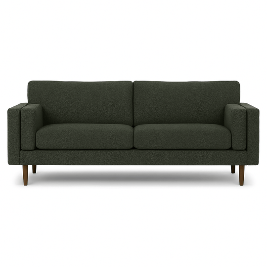 Stanton Timber Sofa in Rio Spinach forest-green tweed front view - Oregon-made mid-century modern sofa - Whats New Furniture Portland OR