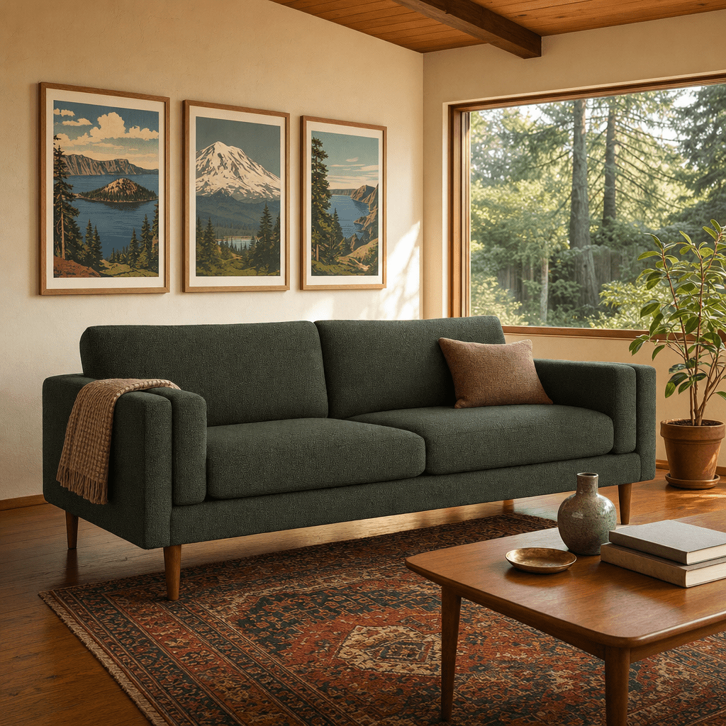 Stanton Timber Sofa in Rio Spinach tweed styled in a NE Portland mid-century modern living room with PNW national parks gallery wall - Whats New Furniture