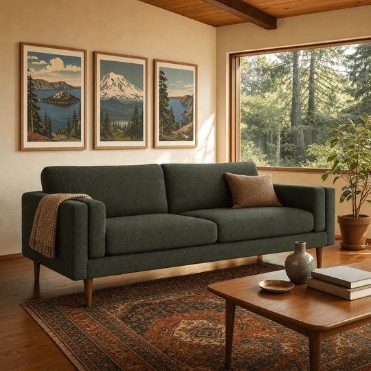 Stanton Timber Sofa in Rio Spinach tweed styled in a NE Portland mid-century modern living room with PNW national parks gallery wall - Whats New Furniture