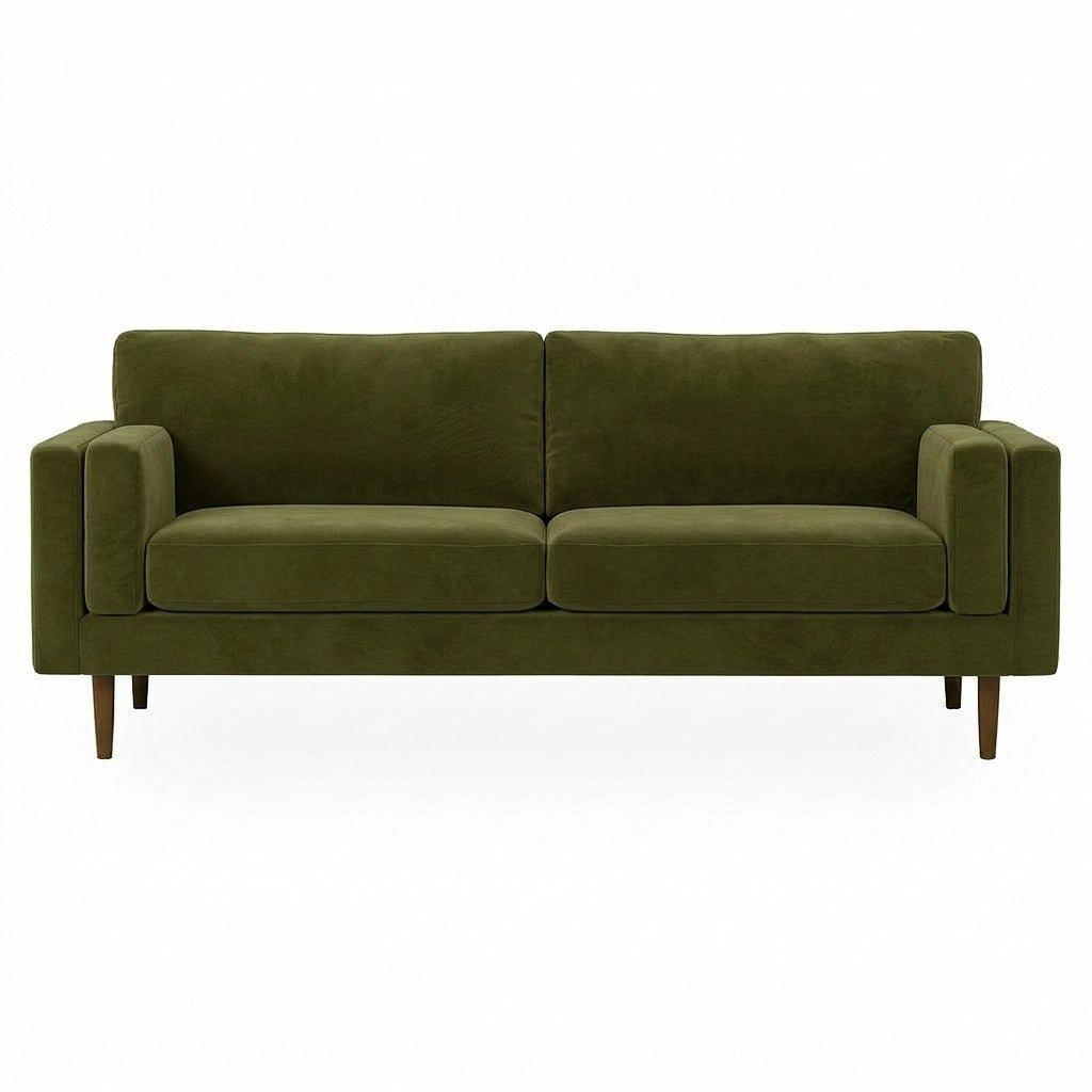 Stanton Timber Sofa in Vintage Moss olive velvet front view - Oregon-made mid-century modern sofa - Whats New Furniture Portland OR