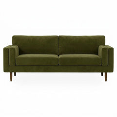 Stanton Timber Sofa in Vintage Moss olive velvet front view - Oregon-made mid-century modern sofa - Whats New Furniture Portland OR