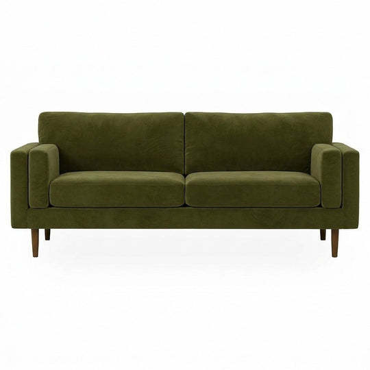 Stanton Timber Sofa in Vintage Moss olive velvet front view - Oregon-made mid-century modern sofa - Whats New Furniture Portland OR