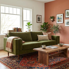 Stanton Timber Sofa in Vintage Moss olive velvet styled in a bright Portland Craftsman living room with terracotta accent wall - Whats New Furniture