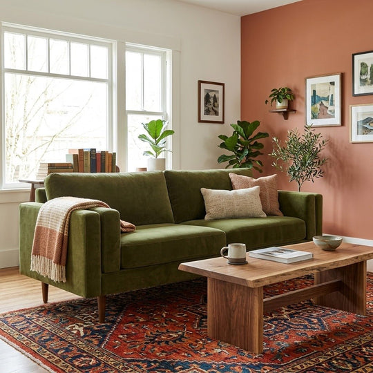 Stanton Timber Sofa in Vintage Moss olive velvet styled in a bright Portland Craftsman living room with terracotta accent wall - Whats New Furniture