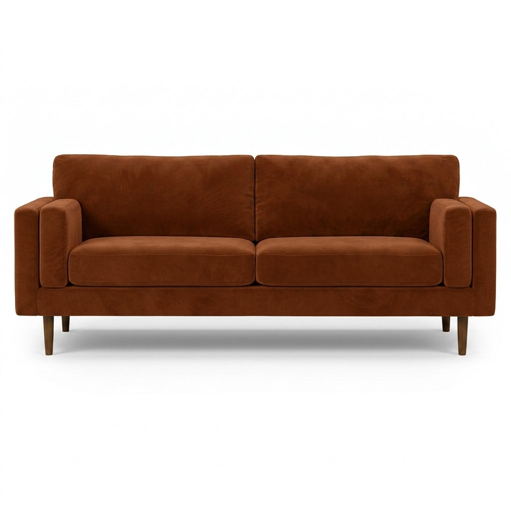 Stanton Timber Sofa in Marquis Rust velvet front view - Oregon-made mid-century modern sofa - Whats New Furniture Portland OR